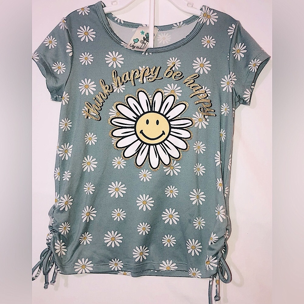 Lily Bleu brand Graphic T-Shirt Daisy Smiley Girls Size 7 “Think Happy Be Happy”